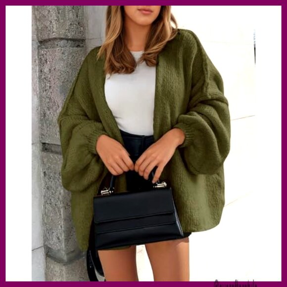 Oversized Chunky Knit Cardigan Long Lantern Sleeve Open Front Sweater Coat - Picture 2 of 5